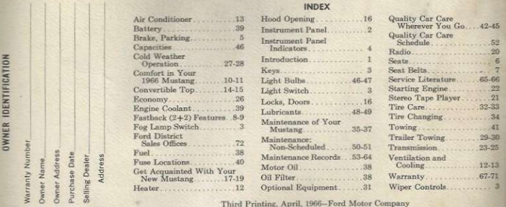 1966 mustang owners manual index
